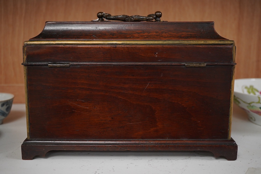 A George III mahogany and brass mounted tea caddy, 25cm wide x 16 cm high